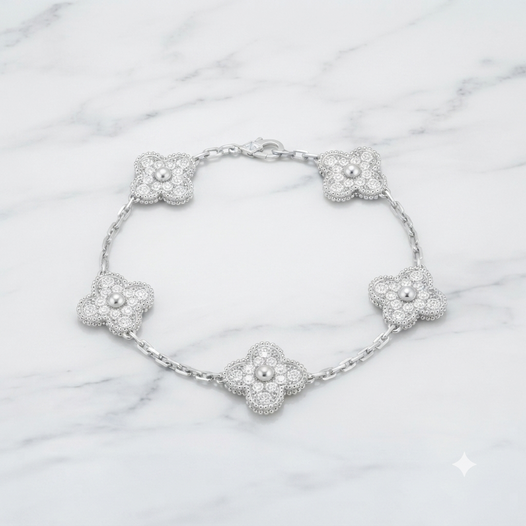 Maison IX | Vintage Alhambra 5-Motif Clover Bracelet - Silver / Crystal
