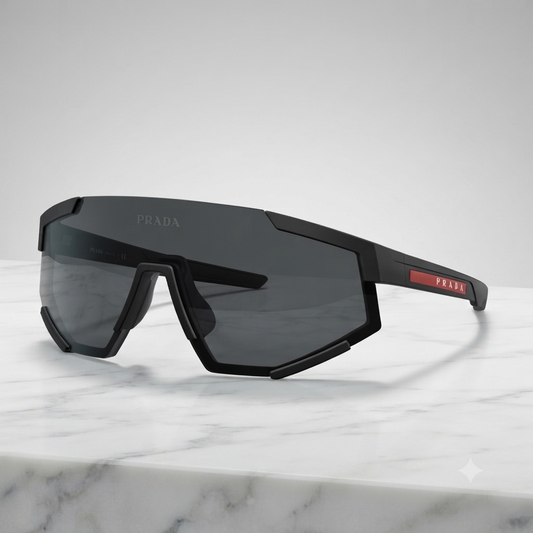 Maison IX | Geometric Shield Sunglasses - Matte Black / Red Stripe